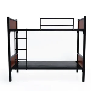 steel bunkbed with wooden headboard